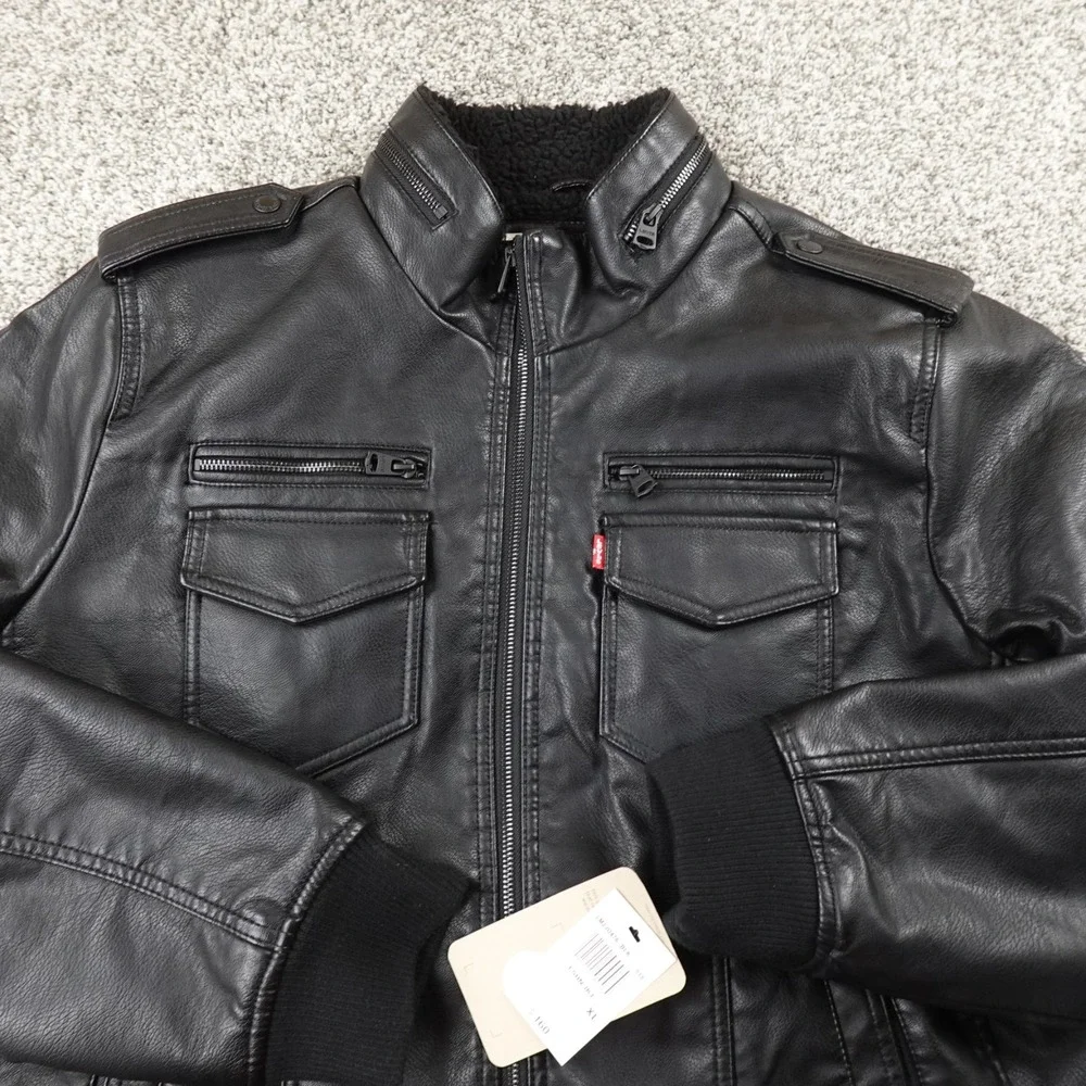 NEW Levis Jacket Mens XL Black Faux Leather Sherpa Lined Zip Trucker Bomber Coat